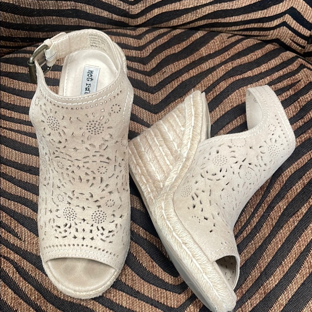 Not Rated Tan Wedges with Open Toe and Perforated Design